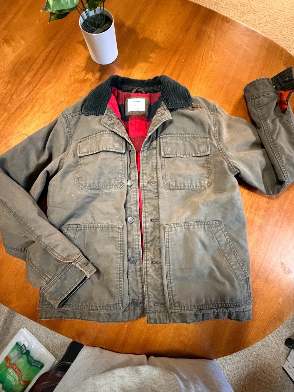 Old Navy Men's Olive Green Workwear Jacket with Red Lining